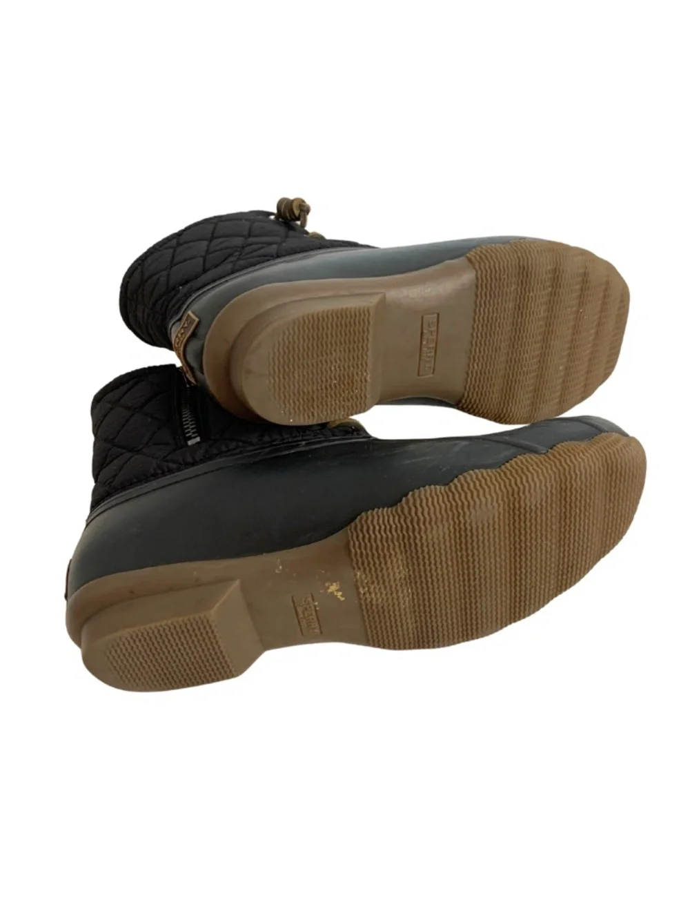 Sperry Black Quilted Rain Duck Boots Brown Sole and Tan Laces Womens 7.5 Outdoor